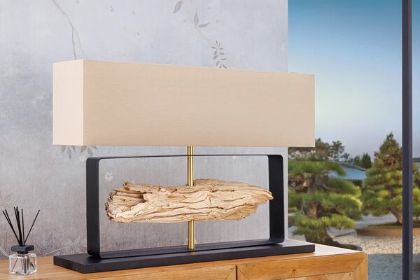 Designová moderní stolní lampa Rousilique s béžovým stínítkem a černou kovovou podstavou s prvkem z naplaveného dřeva 62 cm