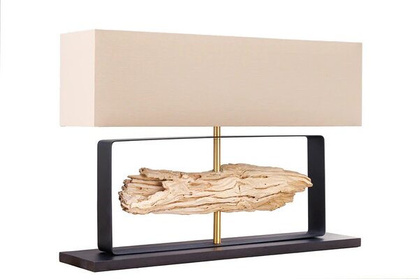 Designová moderní stolní lampa Rousilique s béžovým stínítkem a černou kovovou podstavou s prvkem z naplaveného dřeva 62 cm