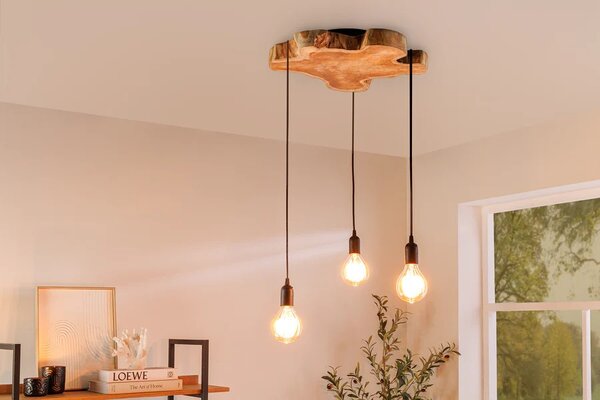 Designový industriální lustr Hypnotic s prvkem z hnědého masivního dřeva longan a třemi visícími žárovkami 80 cm