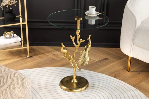 Stylový art deco kovový příruční stolek Tierra Glam s kulatou skleněnou deskou a nohou v podobě zlatých pávů 60 cm