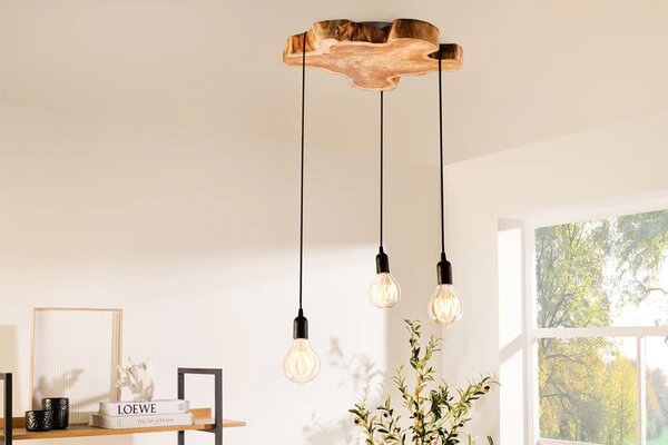 Designový industriální lustr Hypnotic s prvkem z hnědého masivního dřeva longan a třemi visícími žárovkami 80 cm