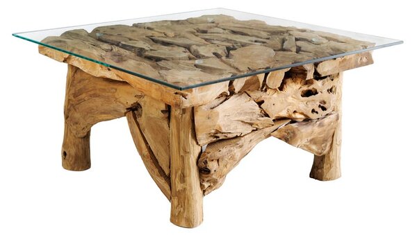 Stylový etno čtvercový masivní konferenční stolek Wild s designem hnědého naplaveného dřeva s povrchovou skleněnou deskou 80 cm