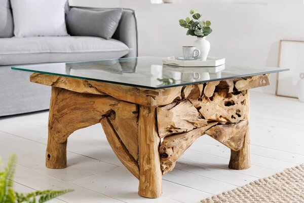 Stylový etno čtvercový masivní konferenční stolek Wild s designem hnědého naplaveného dřeva s povrchovou skleněnou deskou 80 cm