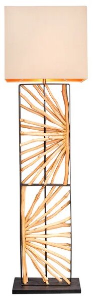 Designová etno stojací lampa Adduro s podstavou z černého kovu a masivního dřeva ve hnědé barvě s béžovým stínítkem 165 cm