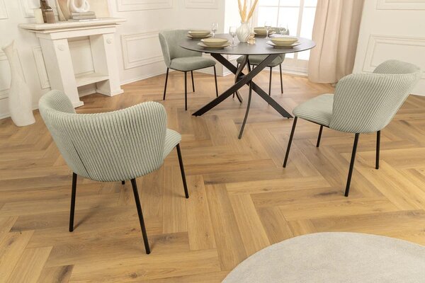 Designová moderní jídelní židle Olive v jemné zelené barvě s vroubkovaným potahem v retro nádechu 75 cm