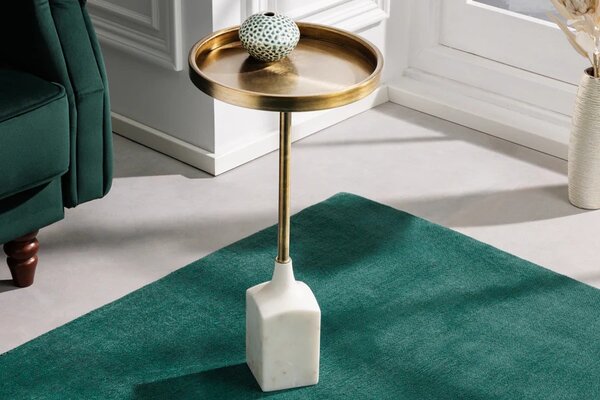 Designový kulatý art deco zlatý příruční stolek Akina z kovu s bílou mramorovou podstavou 55 cm