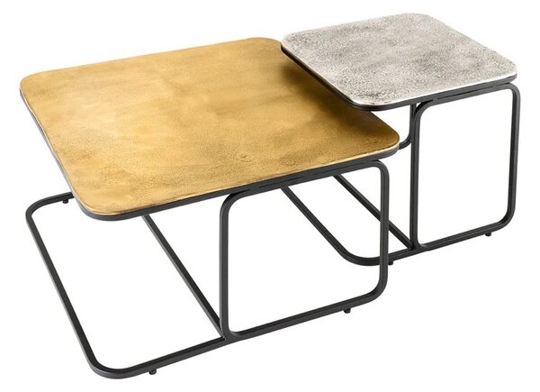Stylový set čtvercový industriální konferenčních stolků Abim ve stříbrné a zlaté barvě s vintage nádechem 60 cm