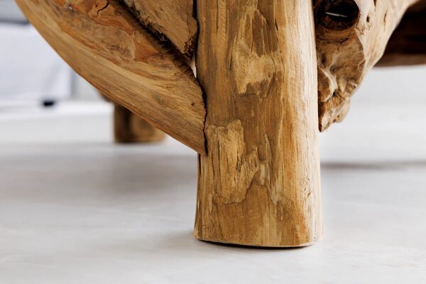 Stylový etno čtvercový masivní konferenční stolek Wild s designem hnědého naplaveného dřeva s povrchovou skleněnou deskou 80 cm