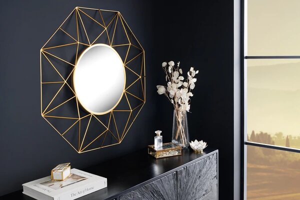 Stylové art deco nástěnné kulaté zrcadlo Diamont se zlatým rámem s diamantovým vzorem 80 cm