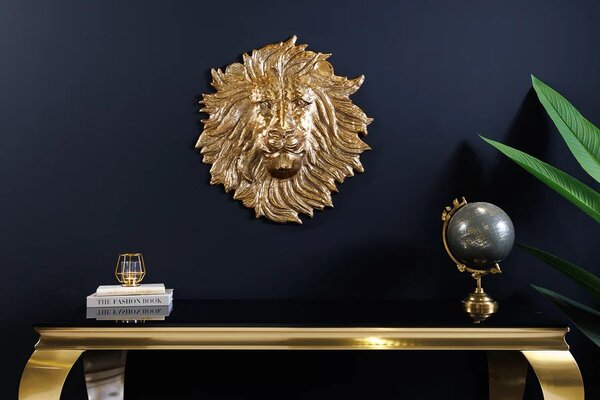 Stylová art deco nástěnná dekorace Lion z kovu ve zlaté barvě v podobě lva 34 cm