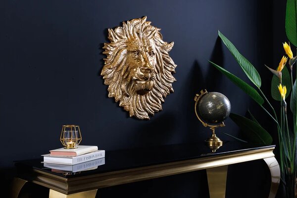 Stylová art deco nástěnná dekorace Lion z kovu ve zlaté barvě v podobě lva 34 cm