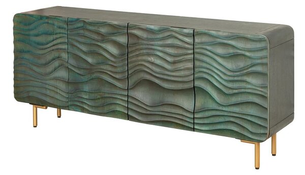 Stylový čtyřdveřový art deco příborník Tyrquis v tyrkysové barvě s vyřezávanými reliéfy a zlatými nožičkami 160 cm