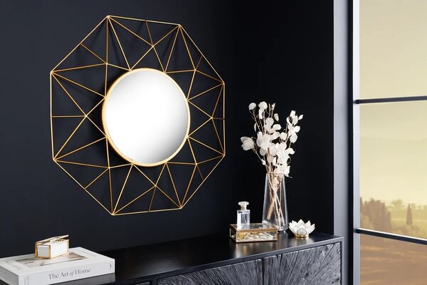 Stylové art deco nástěnné kulaté zrcadlo Diamont se zlatým rámem s diamantovým vzorem 80 cm