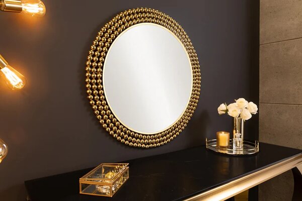 Designové glamour kulaté nástěnné zrcadlo Miny se zlatým perlovým kovovým rámem 76 cm