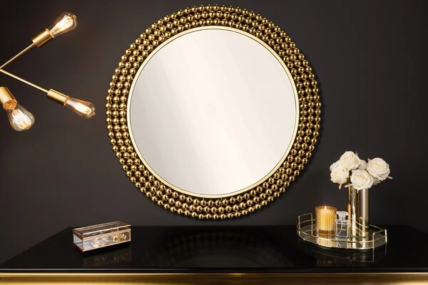 Designové glamour kulaté nástěnné zrcadlo Miny se zlatým perlovým kovovým rámem 76 cm