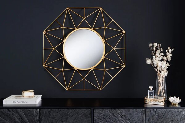 Stylové art deco nástěnné kulaté zrcadlo Diamont se zlatým rámem s diamantovým vzorem 80 cm
