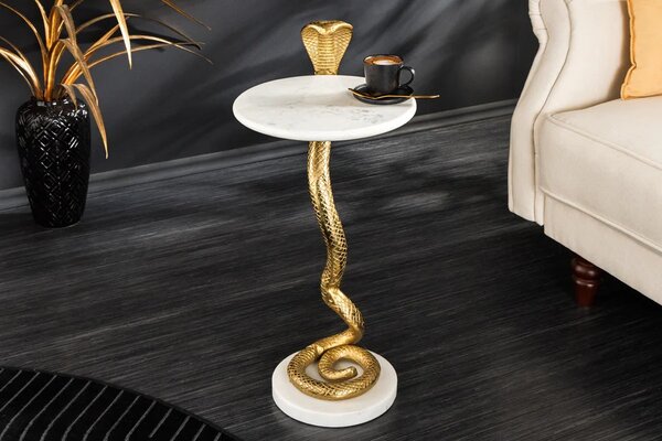 Stylový art deco kovový zlatý příruční stolek Tierra Glam s kulatou mramorovou deskou a nohou v podobě hada 63 cm