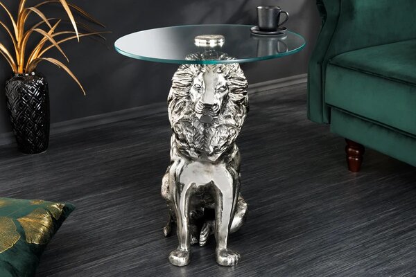 Designový art deco příruční stolek Tierra Glam s kulatou skleněnou deskou a nohou v podobě stříbrného lva 60 cm