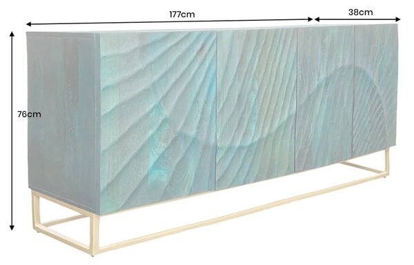 Designový čtyřdveřový orientální příborník Cumbria s vyřezávanými reliéfy v zeleno modré barvě se zlatým kovovým rámem 177 cm