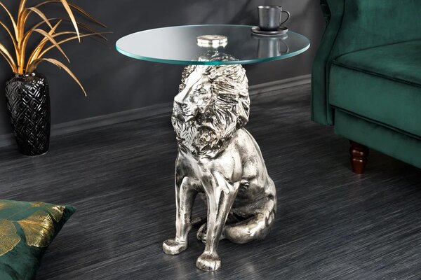 Designový art deco příruční stolek Tierra Glam s kulatou skleněnou deskou a nohou v podobě stříbrného lva 60 cm