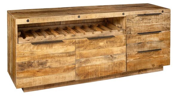Designový dvoudveřový hnědý industriální masivní příborník Steele Craft z masivního mangvového dřeva s poličkou na víno 175 cm