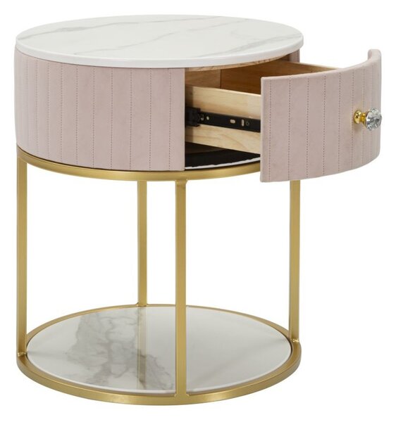 Luxusní glamour růžový kulatý čalouněný noční stolek Glamia Tapisé se šuplíkem s bílým mramorem a zlatou konstrukcí 42 cm