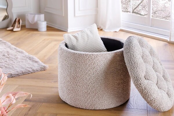 Moderní kulatá barokní bouclá taburetka Modern barock v šampaňské béžové barvě s úložným prostorem 50 cm