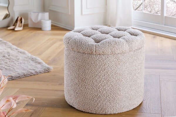 Moderní kulatá barokní bouclá taburetka Modern barock v šampaňské béžové barvě s úložným prostorem 50 cm