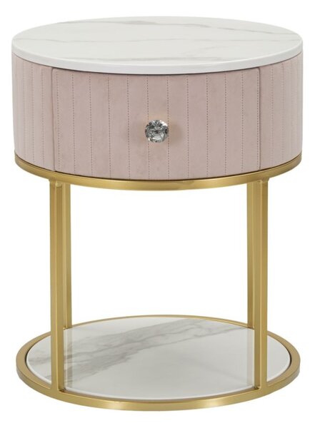 Luxusní glamour růžový kulatý čalouněný noční stolek Glamia Tapisé se šuplíkem s bílým mramorem a zlatou konstrukcí 42 cm