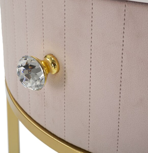 Luxusní glamour růžový kulatý čalouněný noční stolek Glamia Tapisé se šuplíkem s bílým mramorem a zlatou konstrukcí 42 cm
