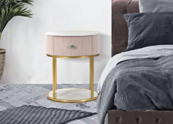 Luxusní glamour růžový kulatý čalouněný noční stolek Glamia Tapisé se šuplíkem s bílým mramorem a zlatou konstrukcí 42 cm