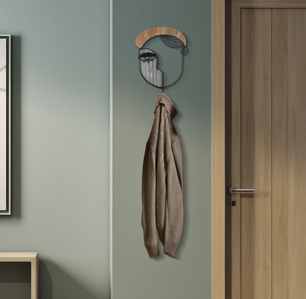 Moderní designový závěsný věšák Donna z kovu a dřeva s uměleckým motivem abstraktní tváře 35 cm