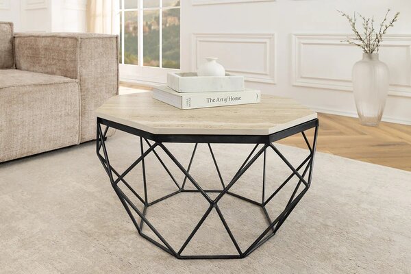 Moderní osmiúhelníkový travertinový béžový konferenční stůl Adamantino s černou nohu s diamantovým vzorem 70 cm