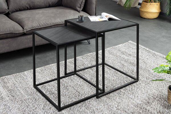 Designová sada dvou čtvercových konferenčních stolků Tenebra v tmavě šedé barvě s mramorovým vzorem a černou podstavou 58 cm