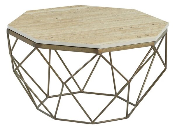 Moderní osmiúhelníkový travertinový béžový konferenční stolek Adamantino se zlatou geometrickou kovovou nohou 70 cm