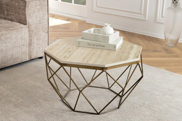 Moderní osmiúhelníkový travertinový béžový konferenční stolek Adamantino se zlatou geometrickou kovovou nohou 70 cm