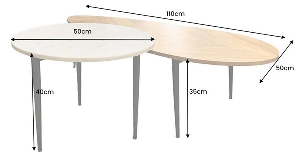Moderní set konferenčních stolků Saver z mramoru a akáciového dřeva v bílé a hnědé barvě s černými nožičkami 110 cm