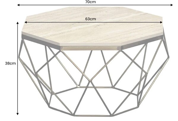 Moderní osmiúhelníkový travertinový béžový konferenční stolek Adamantino se zlatou geometrickou kovovou nohou 70 cm