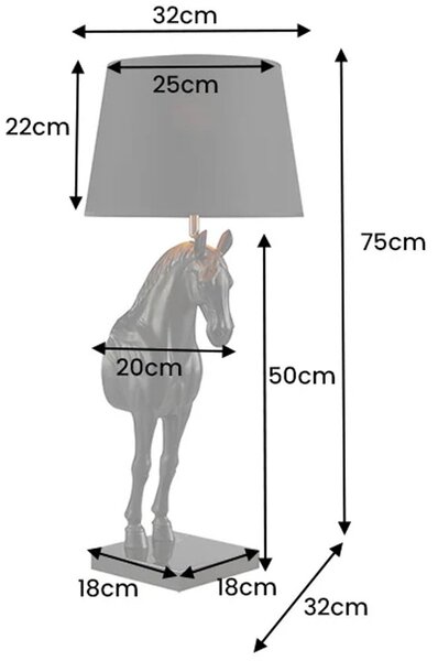 Moderní stolní lampa Equina s černým stínítkem se zlatým vnitřkem a černou akrylovou sochou koně na mramorové podstavě 75 cm