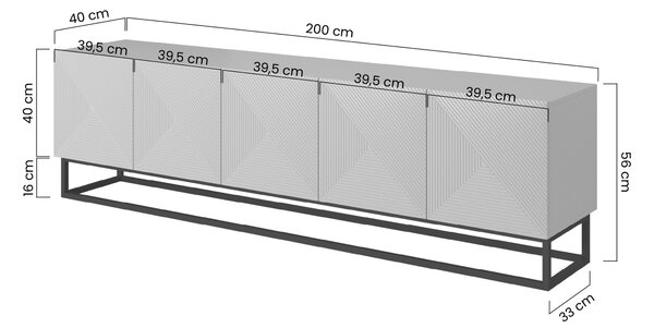 TV stolek Asha 200 cm s drážkovanými dvířky a kovovou podnoží - černý mat