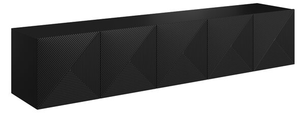 Závěsná TV skříňka Asha 200 cm s drážkovaným čelem - černý mat