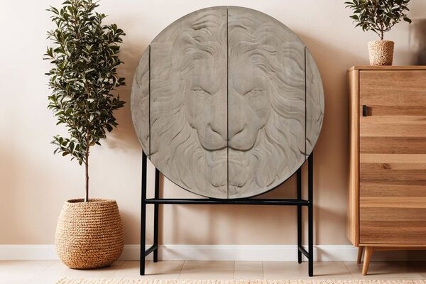 Luxusní industriální kulatá barová skříňka Simba z mangového dřeva v béžové barvě s motivem hlavy lva s nožičkami 140 cm