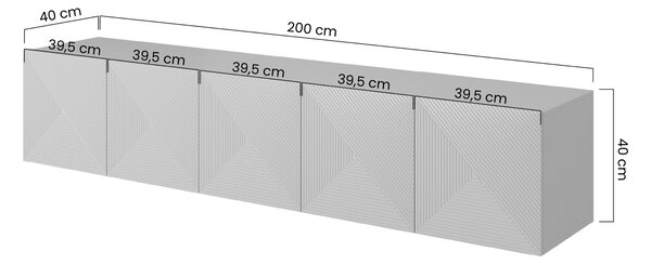 Závěsná TV skříňka Asha 200 cm s drážkovaným čelem - černý mat