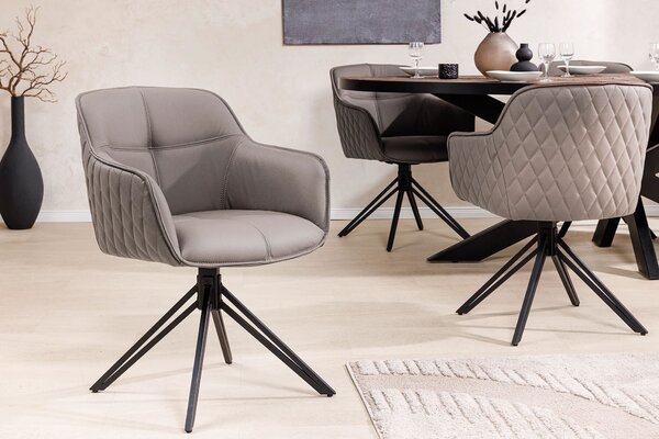 Designová jídelní otočná židle Lion s opěrkami na ruce s prošívaným vzorem v hnědo šedé kůži s černou podstavou 82 cm