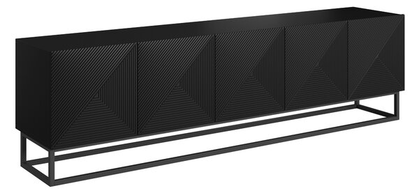 TV stolek Asha 200 cm s drážkovanými dvířky a kovovou podnoží - černý mat