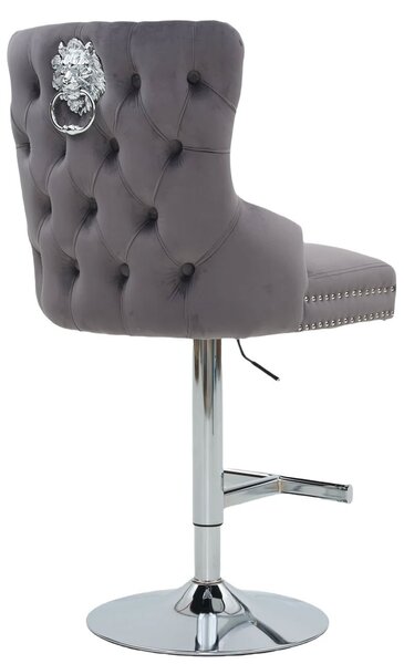 Art deco čalouněná šedá barová židle Lery se stříbrnou nastavitelnou nohou s vybýjenými detaily s klepátkem 130 cm