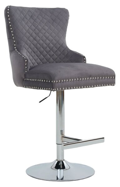 Art deco čalouněná šedá barová židle Lery se stříbrnou nastavitelnou nohou s vybýjenými detaily s klepátkem 130 cm