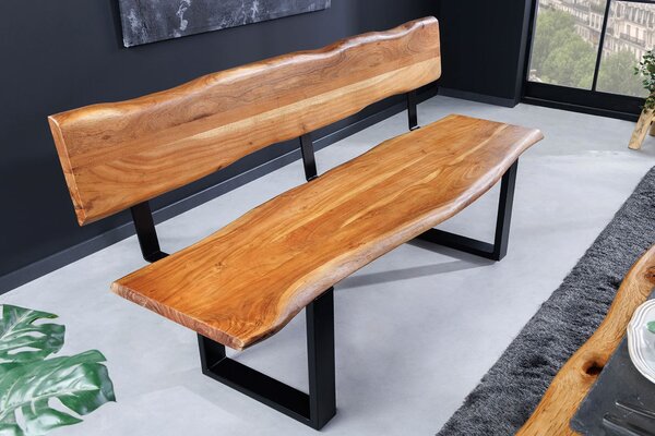 Designová industriální lavice Bronx s opěrkou z masivního akáciového dřeva hnědé barvy s černým kovovým rámem 100 cm