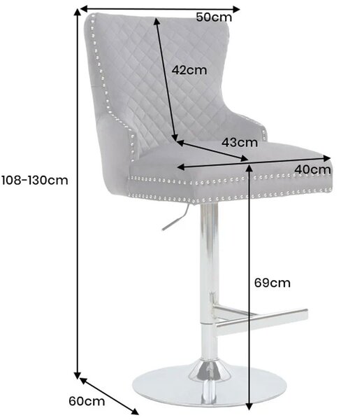 Art deco čalouněná šedá barová židle Lery se stříbrnou nastavitelnou nohou s vybýjenými detaily s klepátkem 130 cm