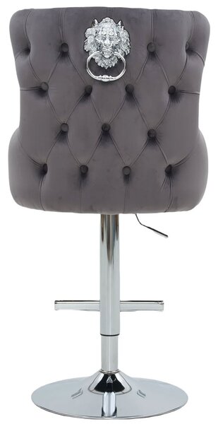 Art deco čalouněná šedá barová židle Lery se stříbrnou nastavitelnou nohou s vybýjenými detaily s klepátkem 130 cm